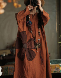 Bohemian Cotton Linen Dress Women – Loose Fit Rust Oversized Maxi Tunic