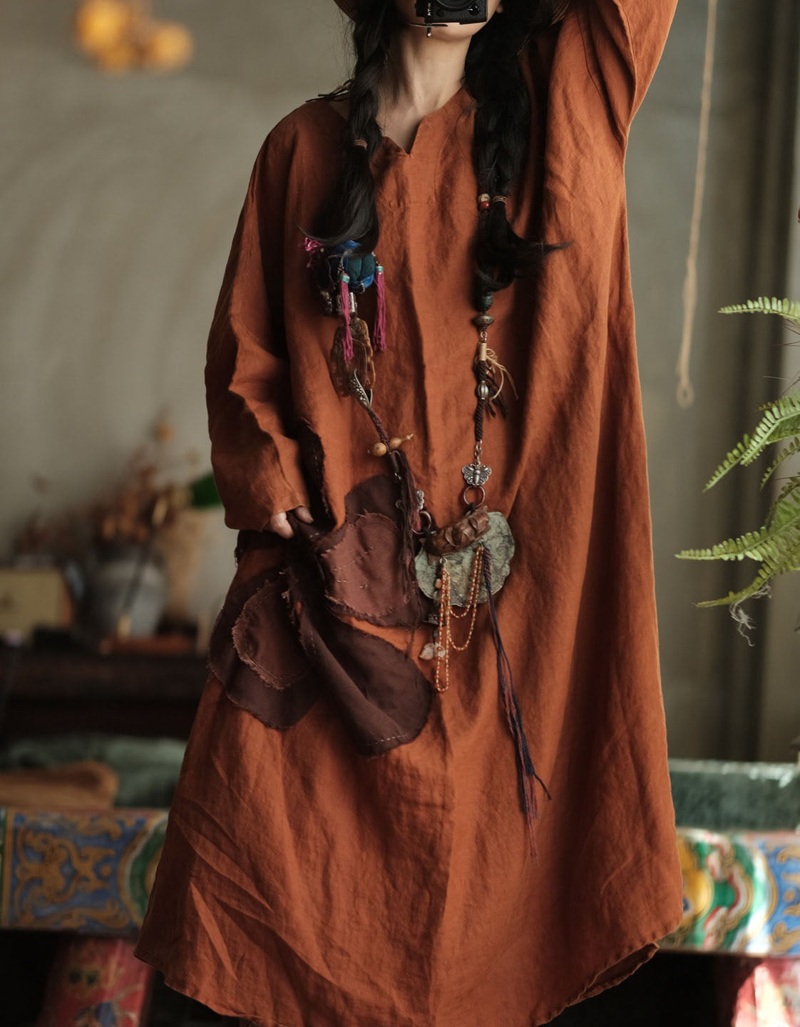 Rustic Boho Linen Dress – Artistic Patchwork Oversized Long Sleeve Dress