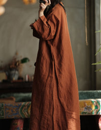 Loose sleeve oversized boho linen dress with artistic patchwork detail in rust color