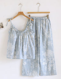 Beige Floral Lounge Pajama Set with Wide Pant