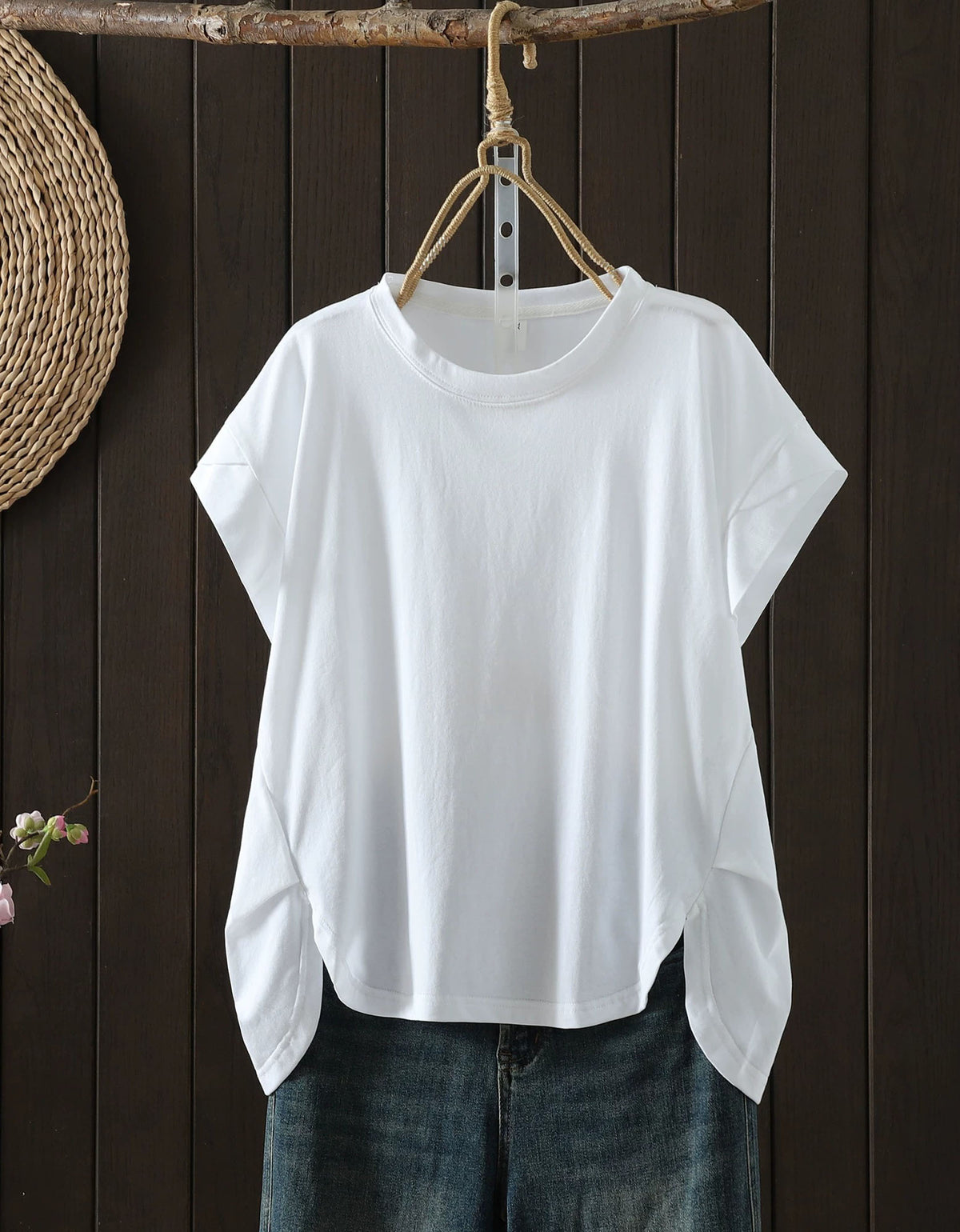 Women Loose Basic White Rolled Sleeve Cotton T-Shirt