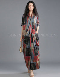 Women's Vintage Patchwork Printed Maxi Kaftan Dress