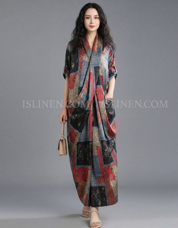 Women's Vintage Patchwork Printed Maxi Kaftan Dress