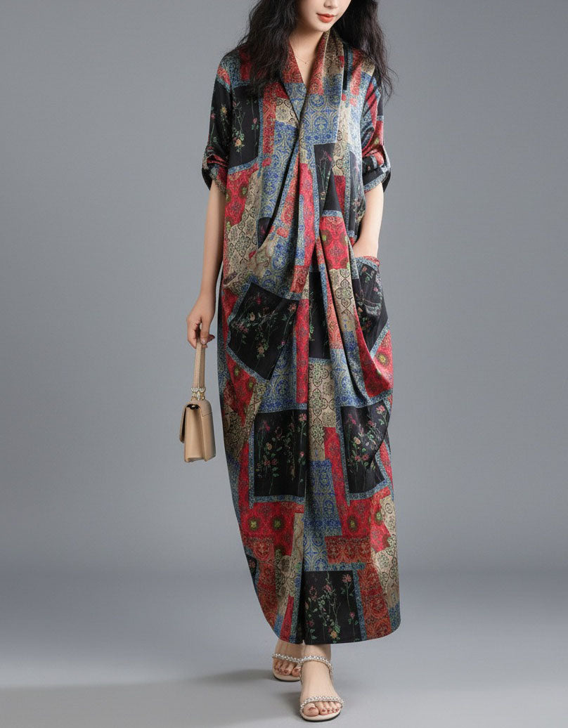 Women's Oversized Patchwork Print Maxi Caftan Dress