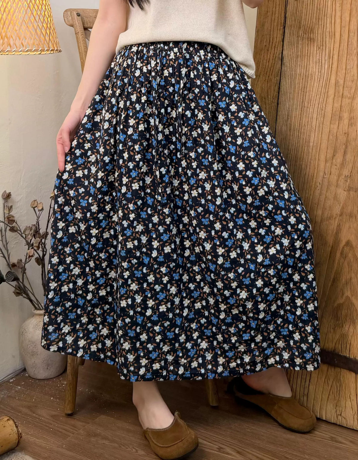 Casual Floral Midi Skirt Women Elastic Waist Boho