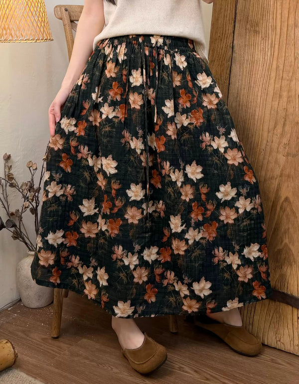 Women Floral Midi Skirt Elastic Waist Casual Boho