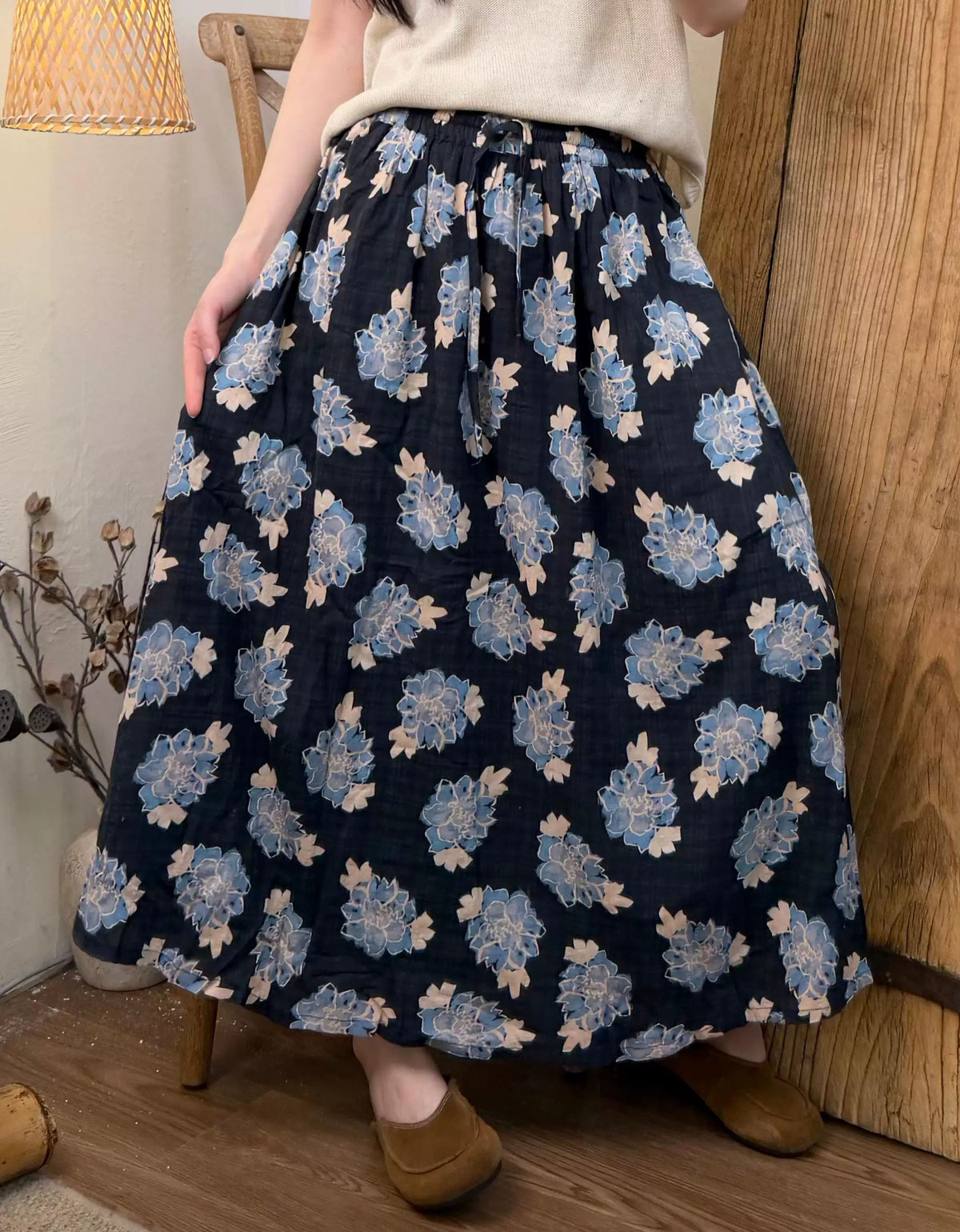 Boho Floral Skirt Women Elastic Waist Summer Midi