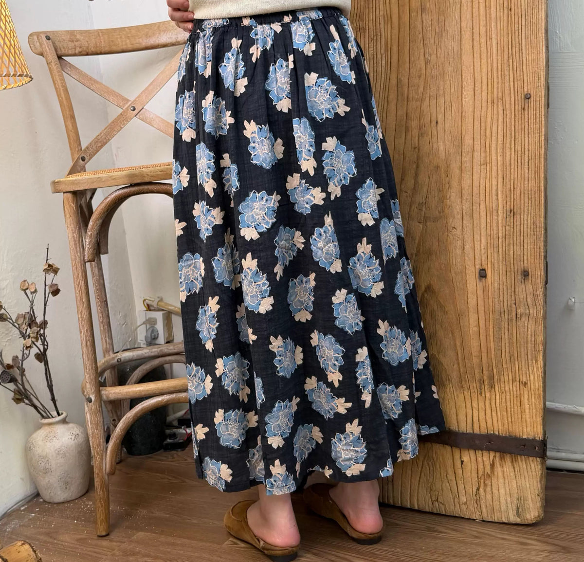 Women Vintage Flower Print Skirt Loose Fit Midi