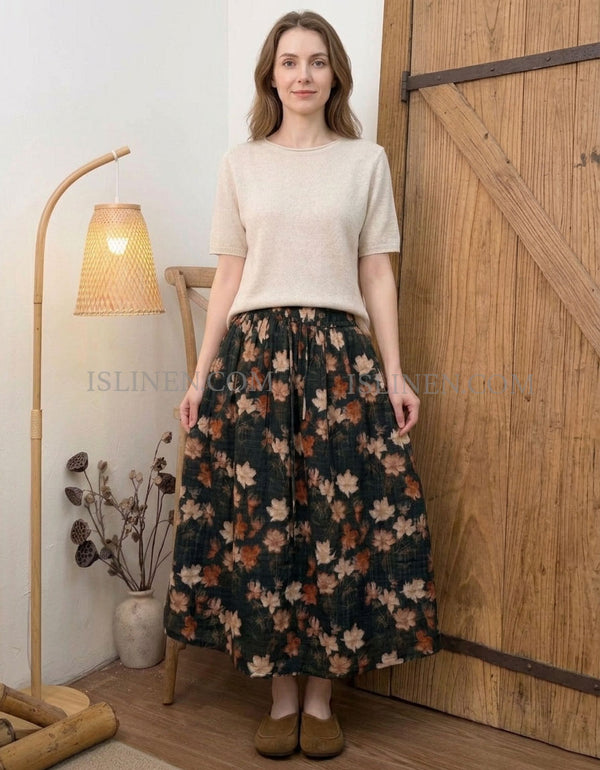 Vintage Floral Midi Skirt Women High Waist Casual