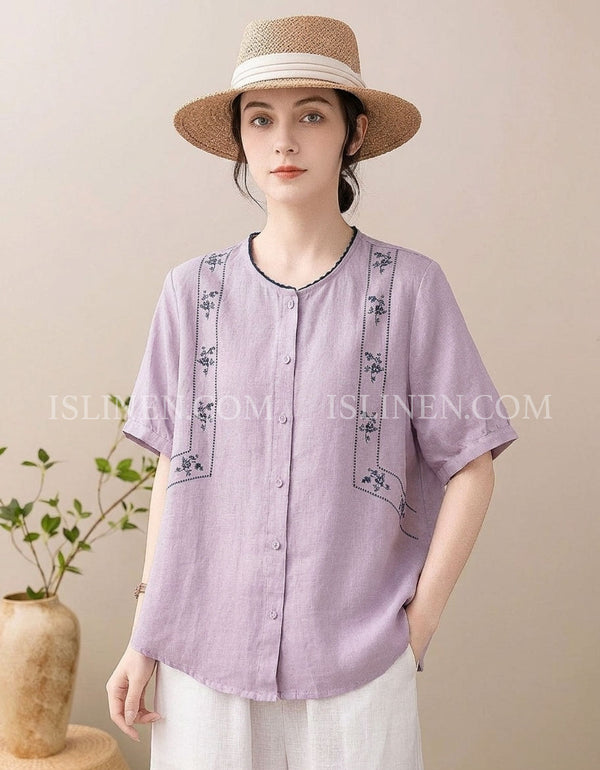 Women's Casual Embroidered Linen Blend Button Front Blouse