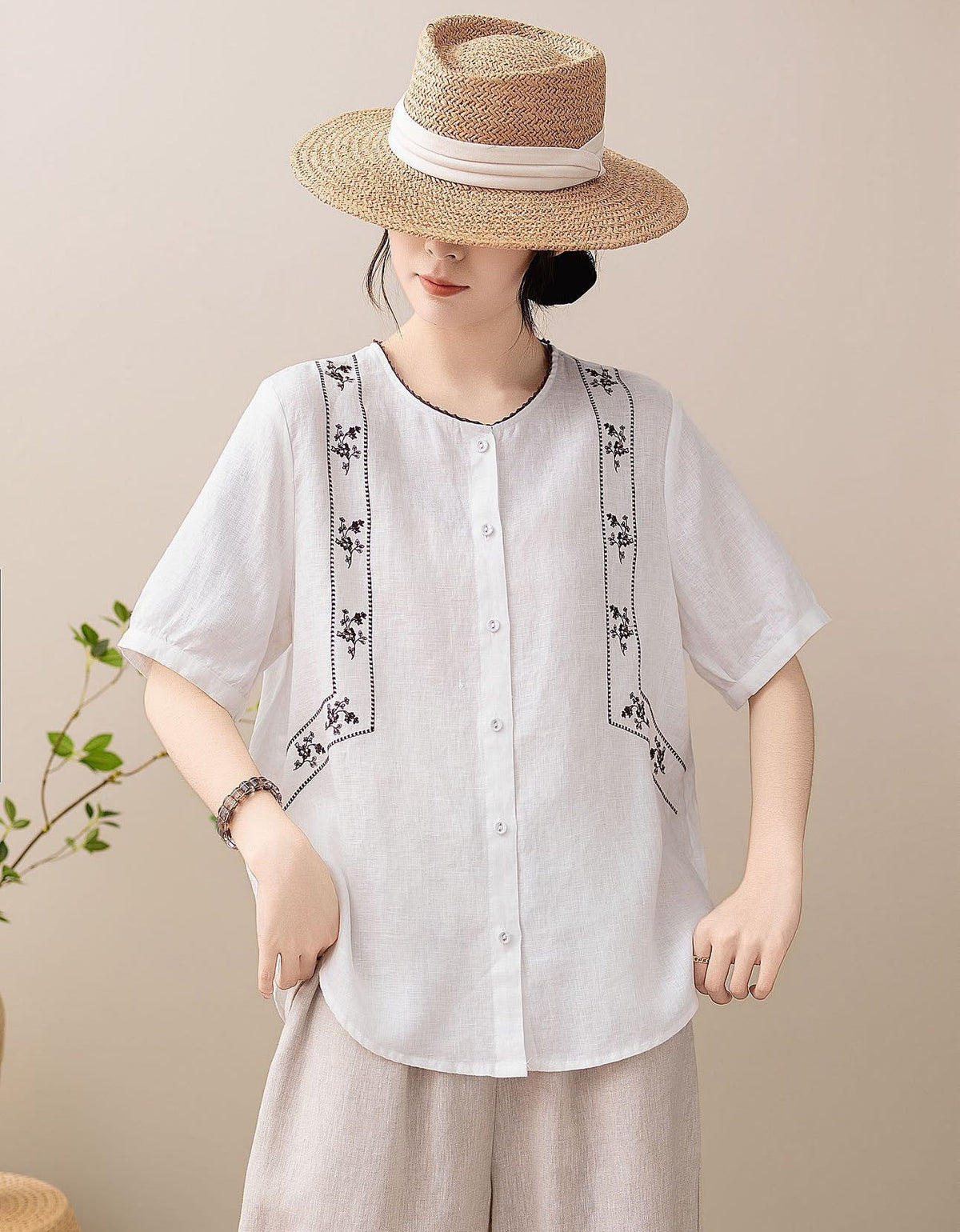 Women's Loose Fit Embroidered Linen Blend Short Sleeve Top