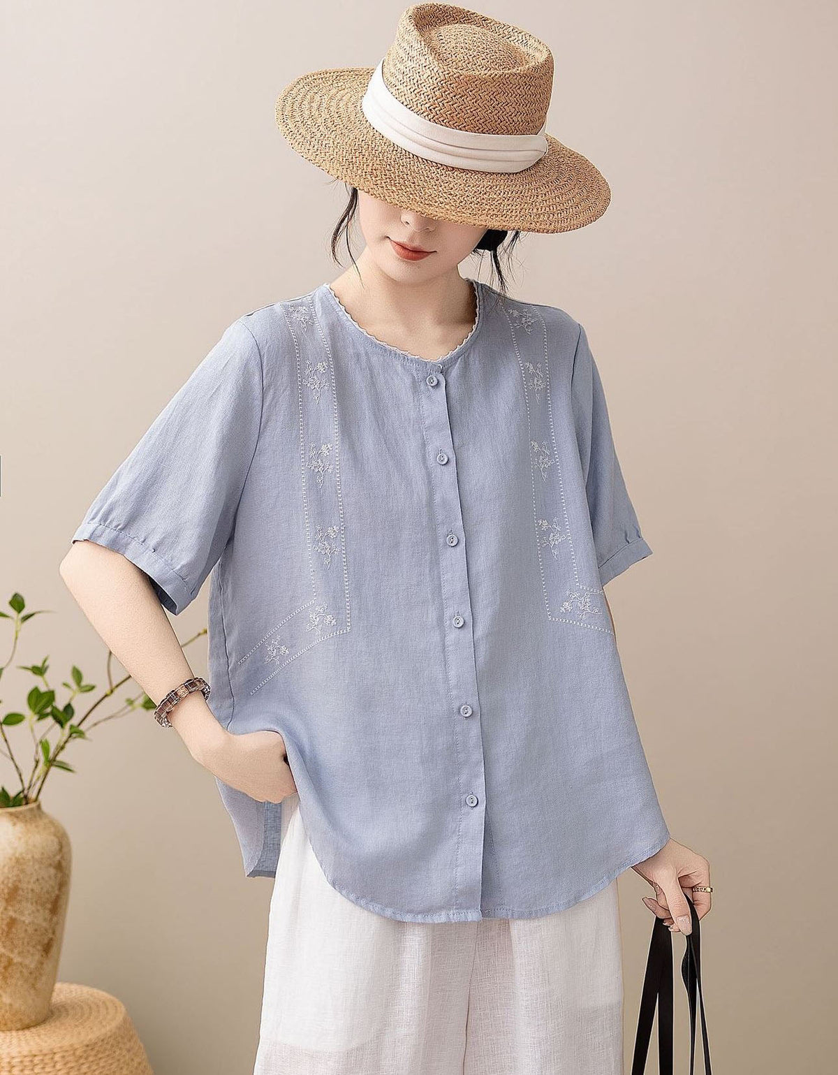 Women's Short Sleeve Embroidered Linen Blend Vacation Blouse