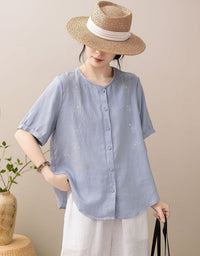 Women's Short Sleeve Embroidered Linen Blend Vacation Blouse