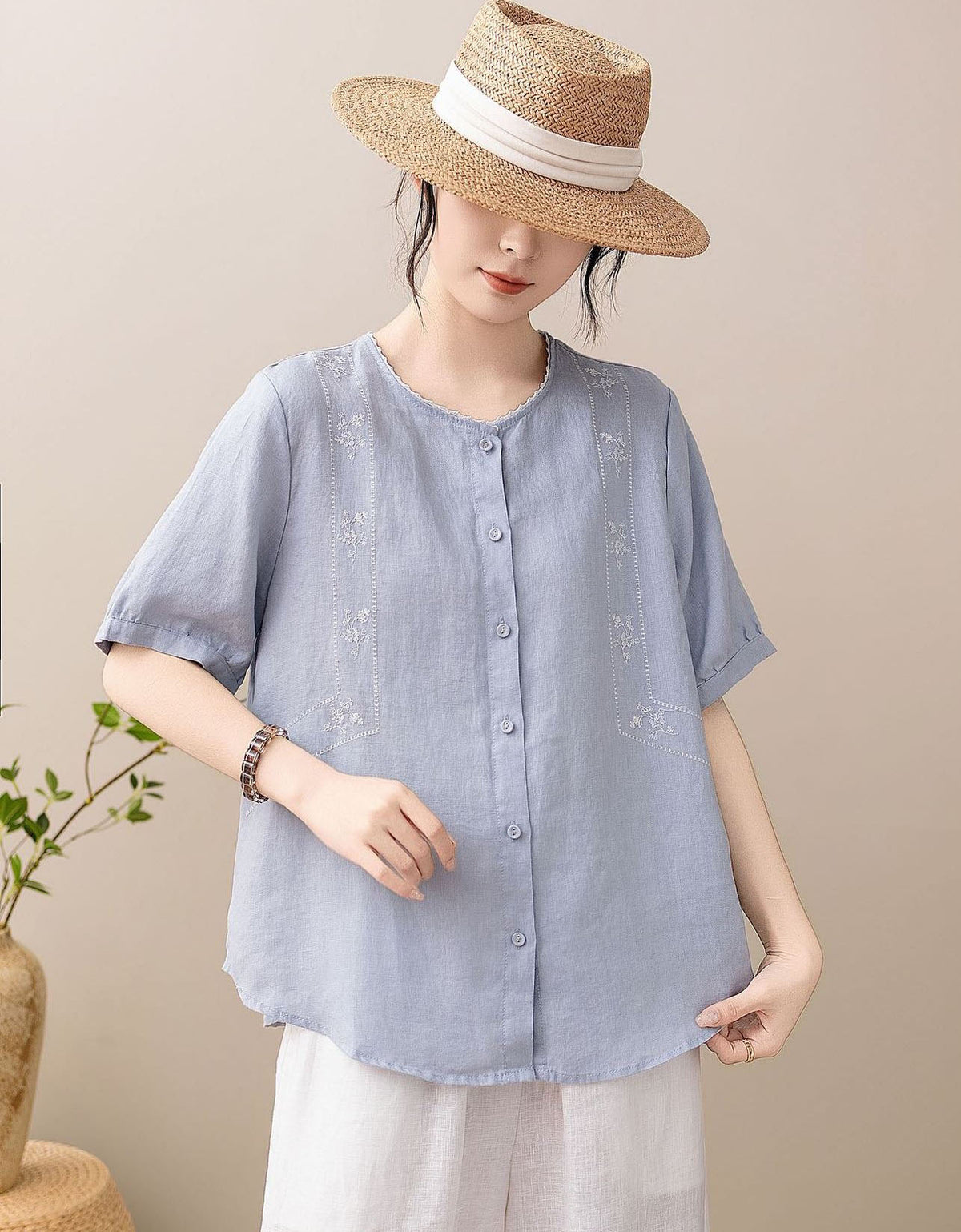 Women's Lightweight Linen Blend Button-Up Casual Blouse