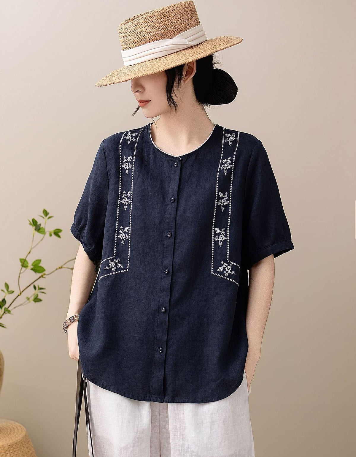 Women's Boho Embroidered Linen Blend Relaxed Fit Shirt