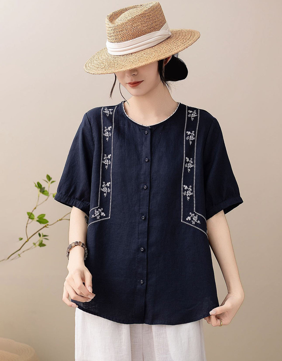 Women's Relaxed Fit Linen Blend Floral Embroidered Shirt