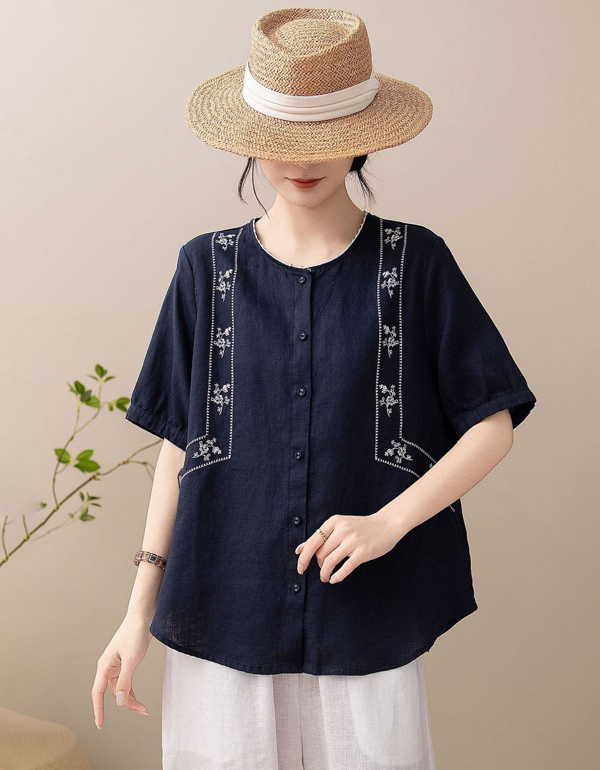 Round neck button-front linen blend blouse for women