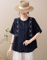 Round neck button-front linen blend blouse for women