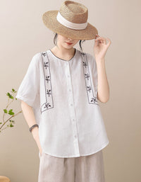 Women's Vintage Cottagecore Linen Blend Embroidered Top