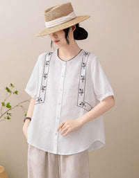 Women Loose Boho Floral Embroidered Linen Short Sleeve Top