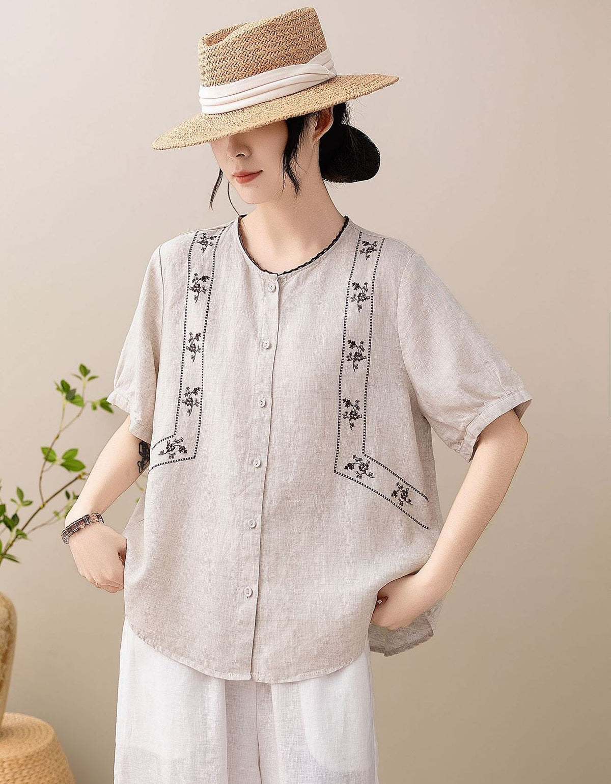 Women's Breathable Linen Blend Embroidered Button Shirt