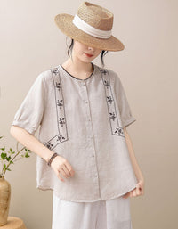 Women's Vintage Floral Embroidered Linen Blend Summer Shirt