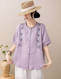 Women's Round Neck Embroidered Linen Blend Summer Blouse