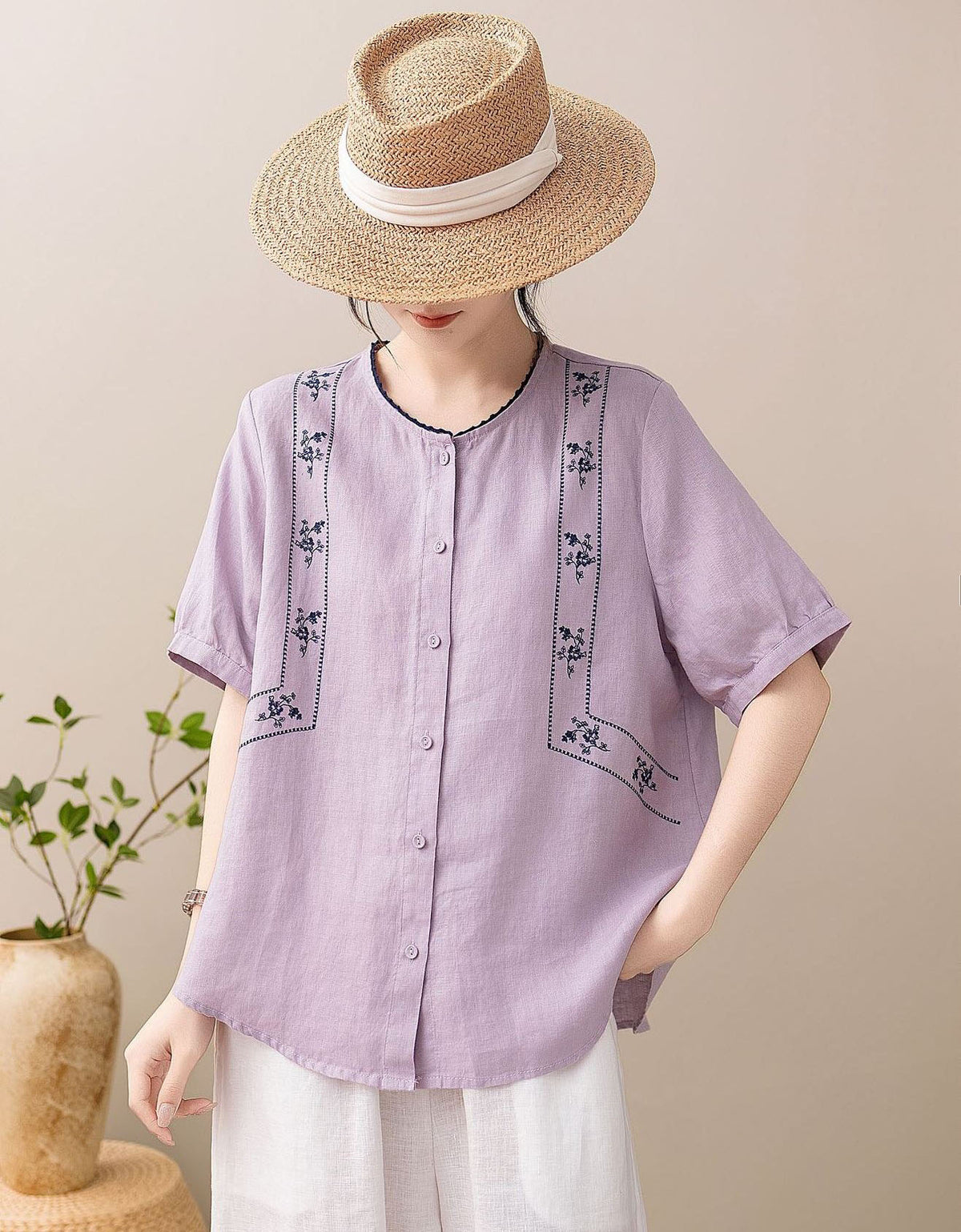 Women's breathable embroidered linen blend casual summer shirt