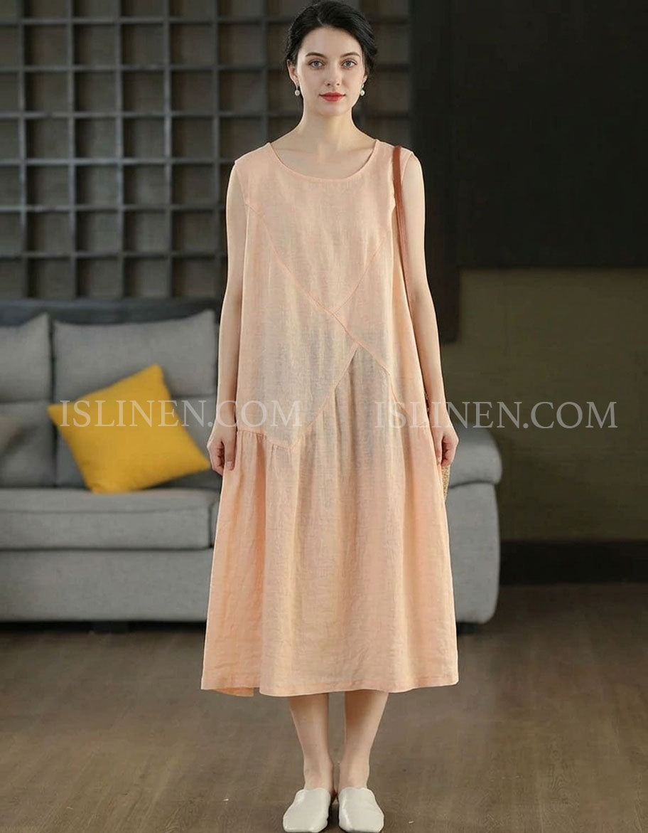 Vintage Loose Linen Sleeveless Midi Dress with Pockets