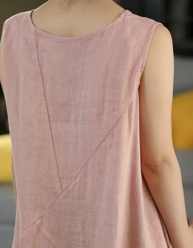 Women's Vintage Loose Linen Sleeveless Midi Dress with Pockets