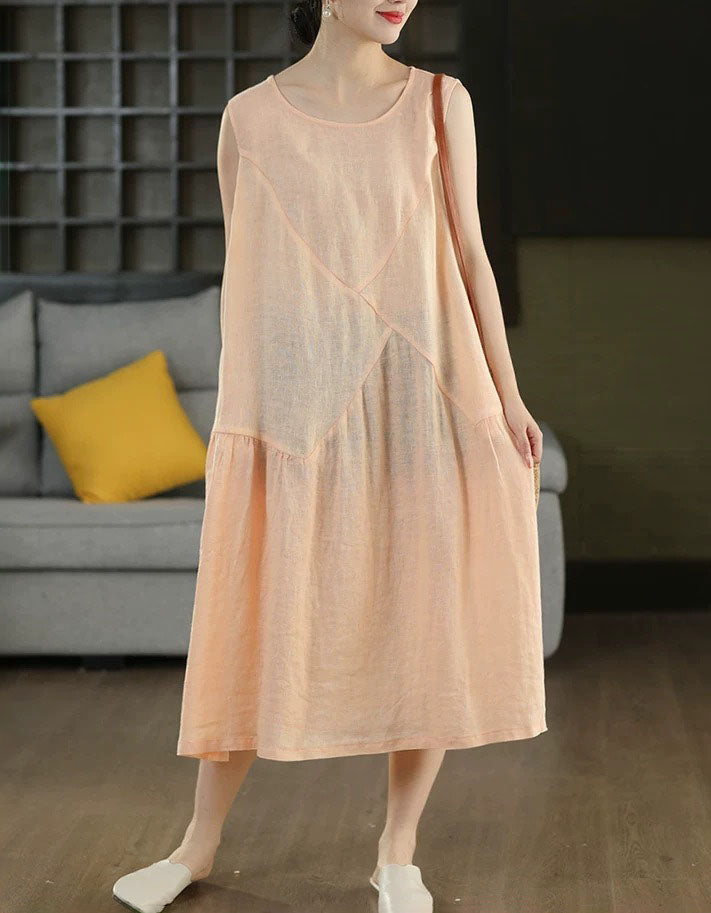 Vintage Linen Sleeveless A-Line Midi Dress for Women