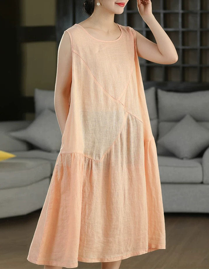 Women's Vintage Loose Fit Linen Midi Dress Casual