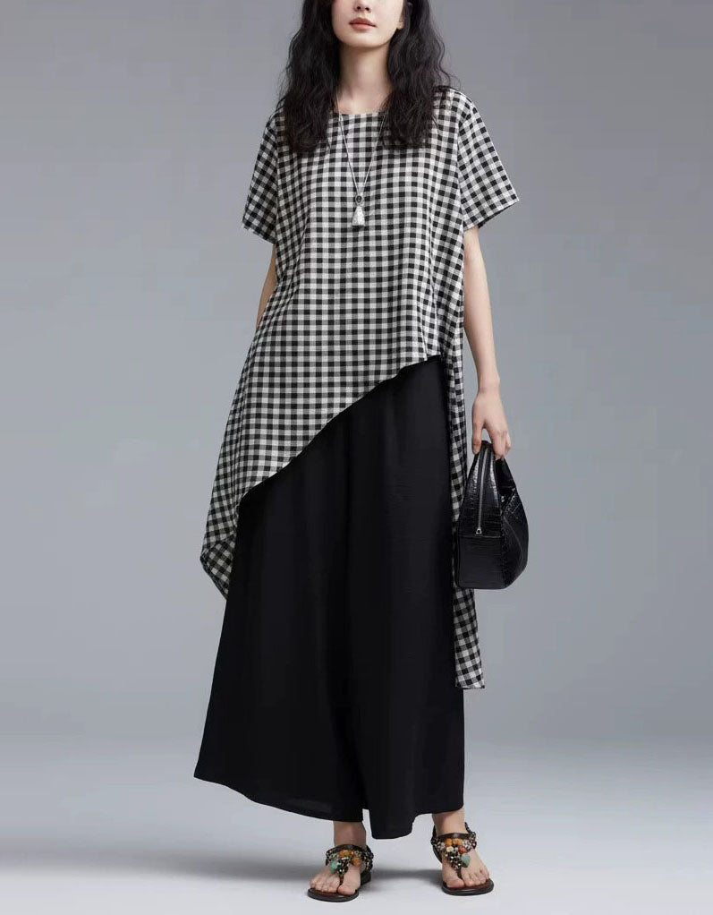 Gingham Plaid Asymmetric Dress Relaxed Fit Everyday Wear