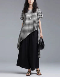 Gingham Plaid Asymmetric Dress Relaxed Fit Everyday Wear