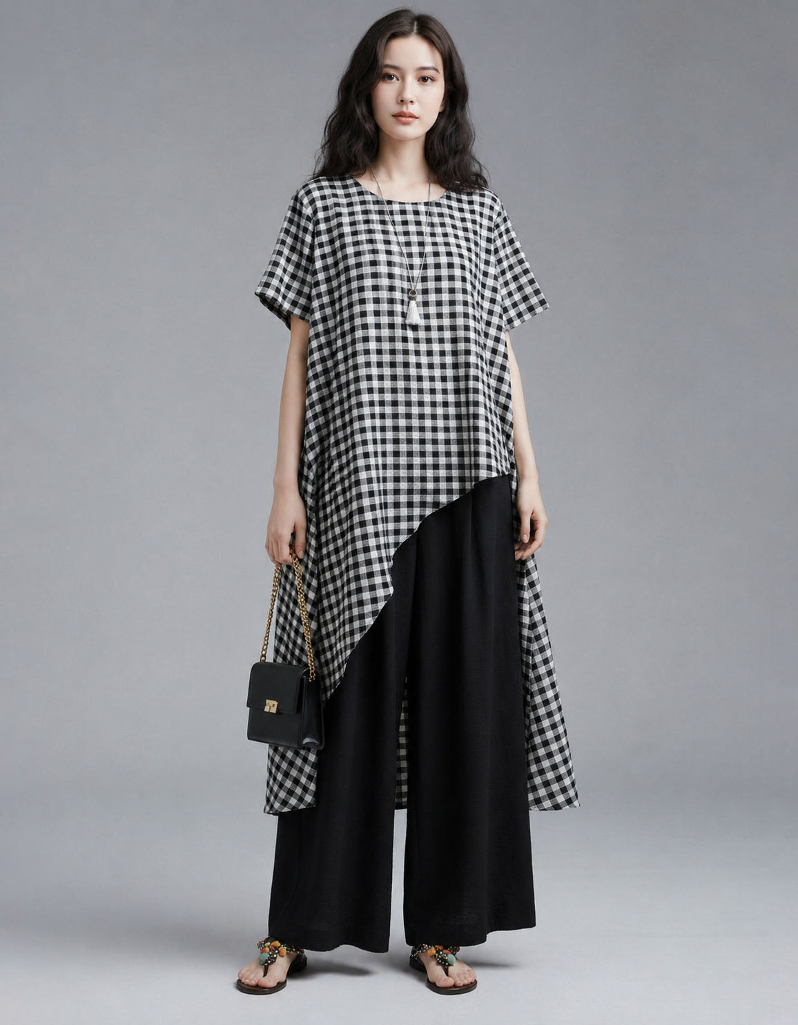 Women's Asymmetrical Check Dress Loose Casual Summer Outfit