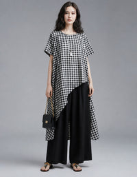 Women's Asymmetrical Check Dress Loose Casual Summer Outfit