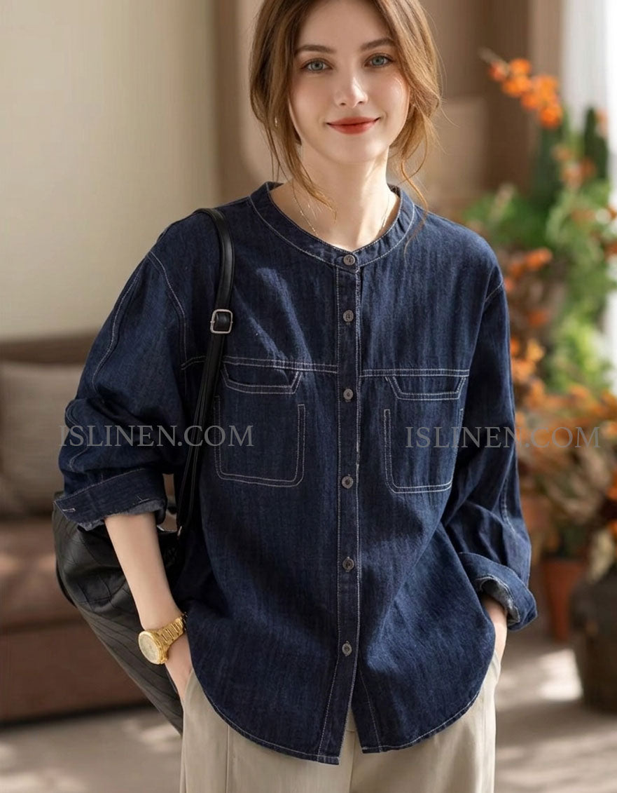 Women’s oversized dark denim shirt with button front and chest pockets