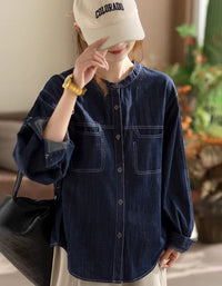 Women Loose Casual Dark Denim Long Sleeve Button Shirt