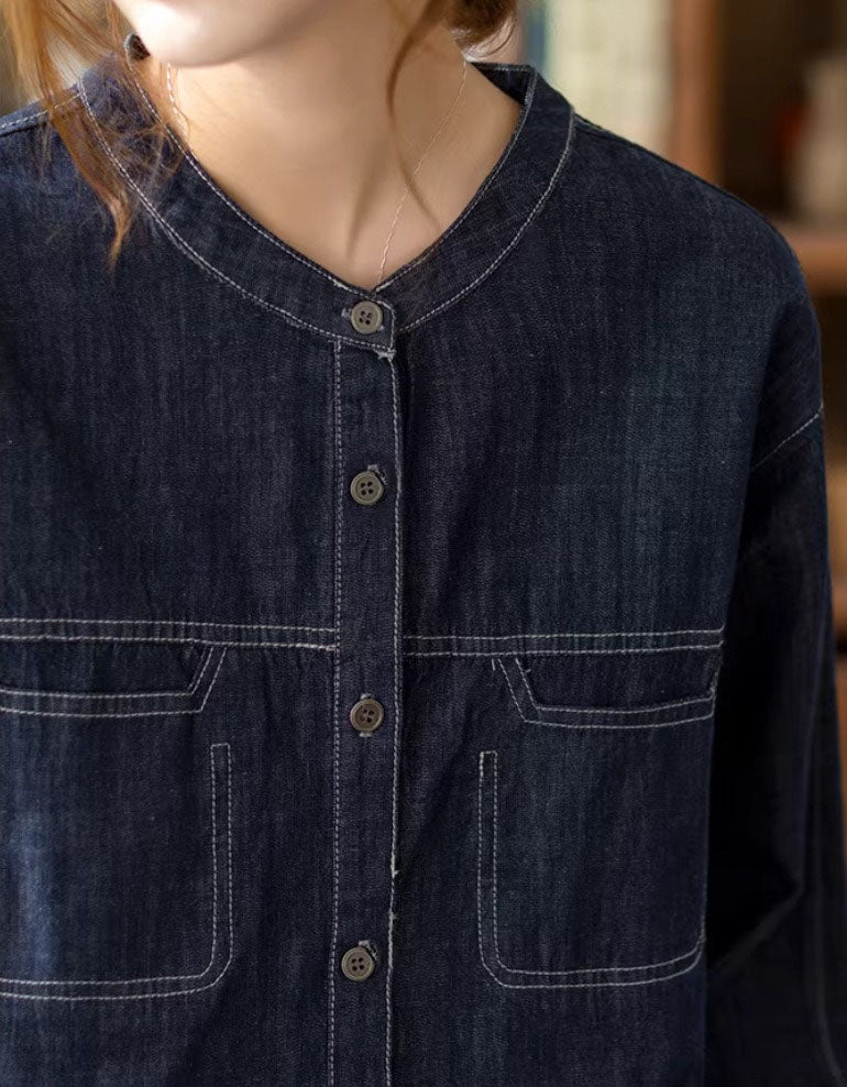 Minimal women’s button-up denim shirt for smart casual outfit styling