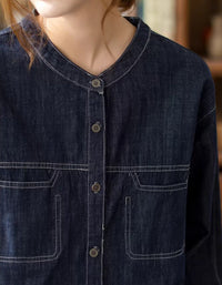 Minimal women’s button-up denim shirt for smart casual outfit styling