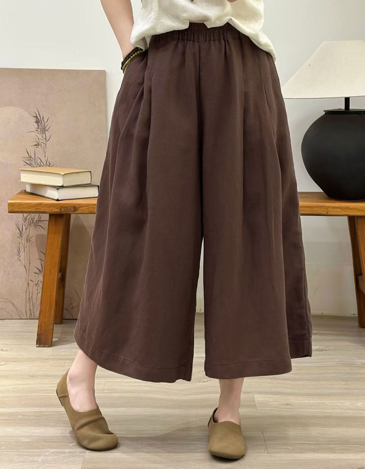 women elastic waist linen pants casual coffee outfit