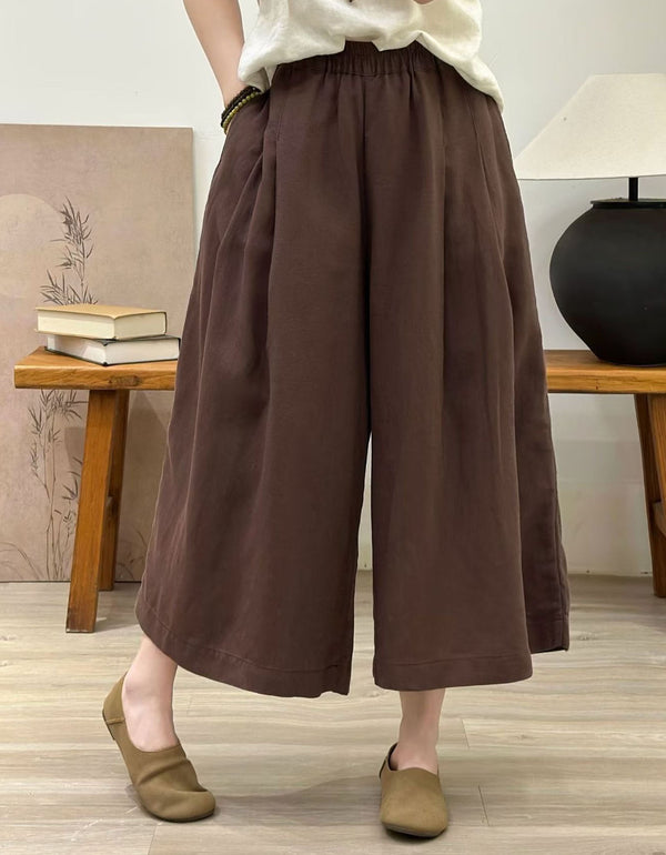 women elastic waist linen pants casual coffee outfit