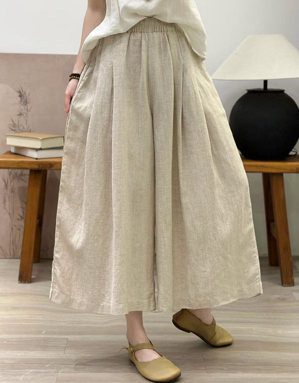 beige linen wide leg pants women loose fit front view