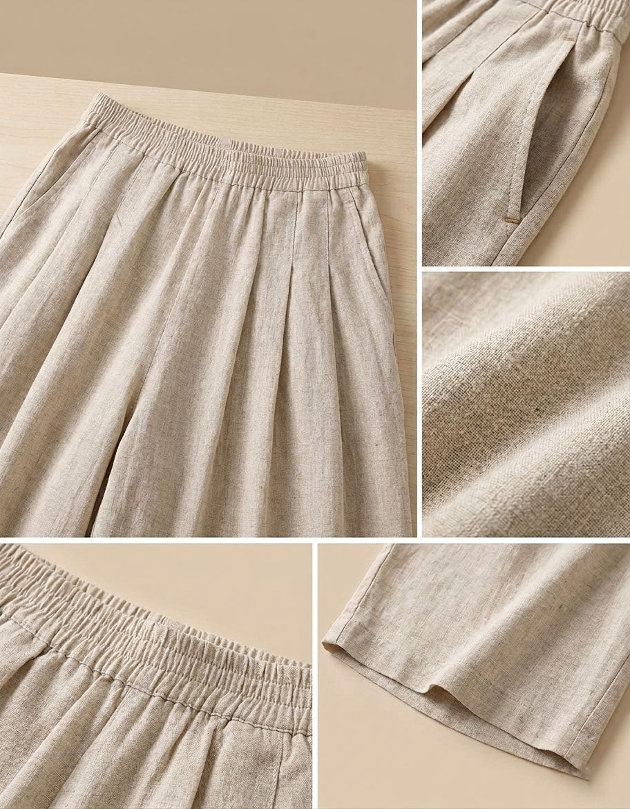Detail View of Elastic Waist Linen Palazzo Pants Women Beige