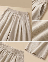 Detail View of Elastic Waist Linen Palazzo Pants Women Beige