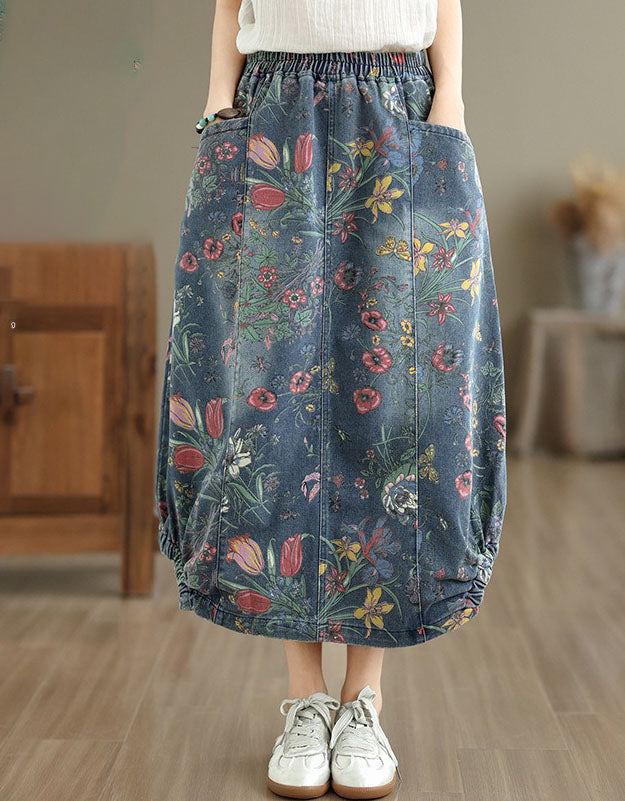 Women Floral Denim Midi Skirt Elastic Waist Loose