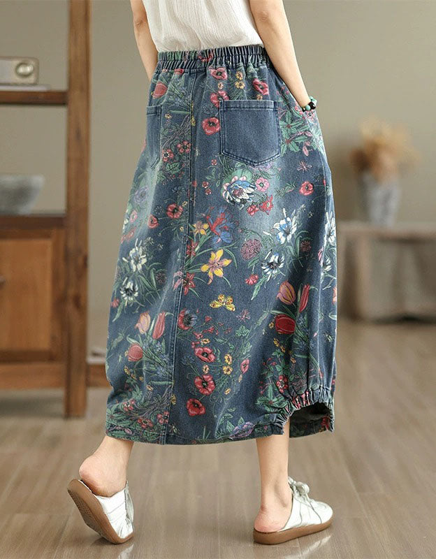 Vintage Floral Denim Skirt Women Casual Loose Fit