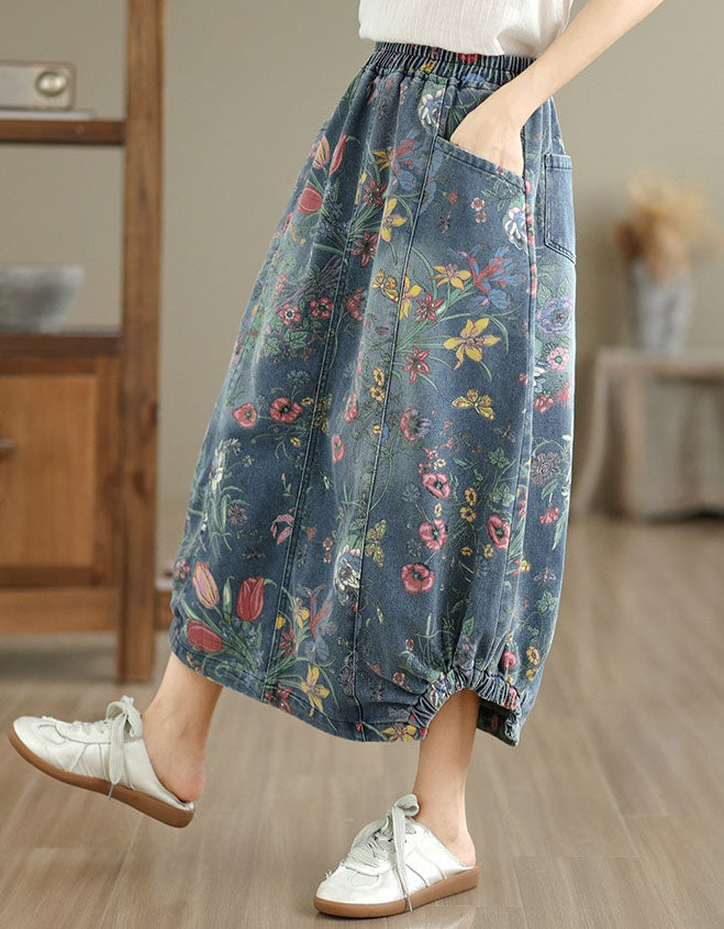 Elastic Waist Floral Denim Skirt Women Midi Length