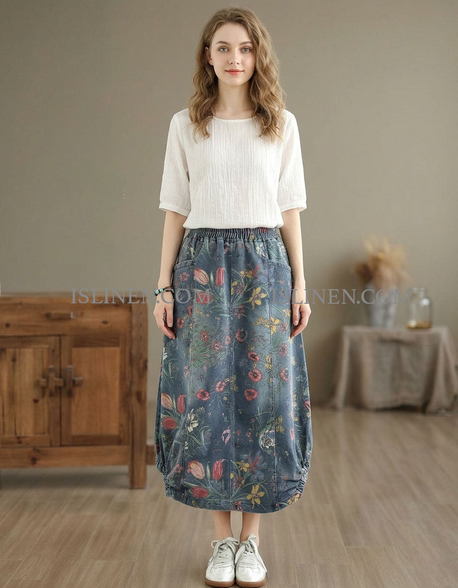 Women Loose Floral Print Denim Skirt Casual Style