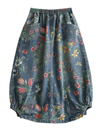 Vintage Washed Floral Denim Midi Skirt Women Loose